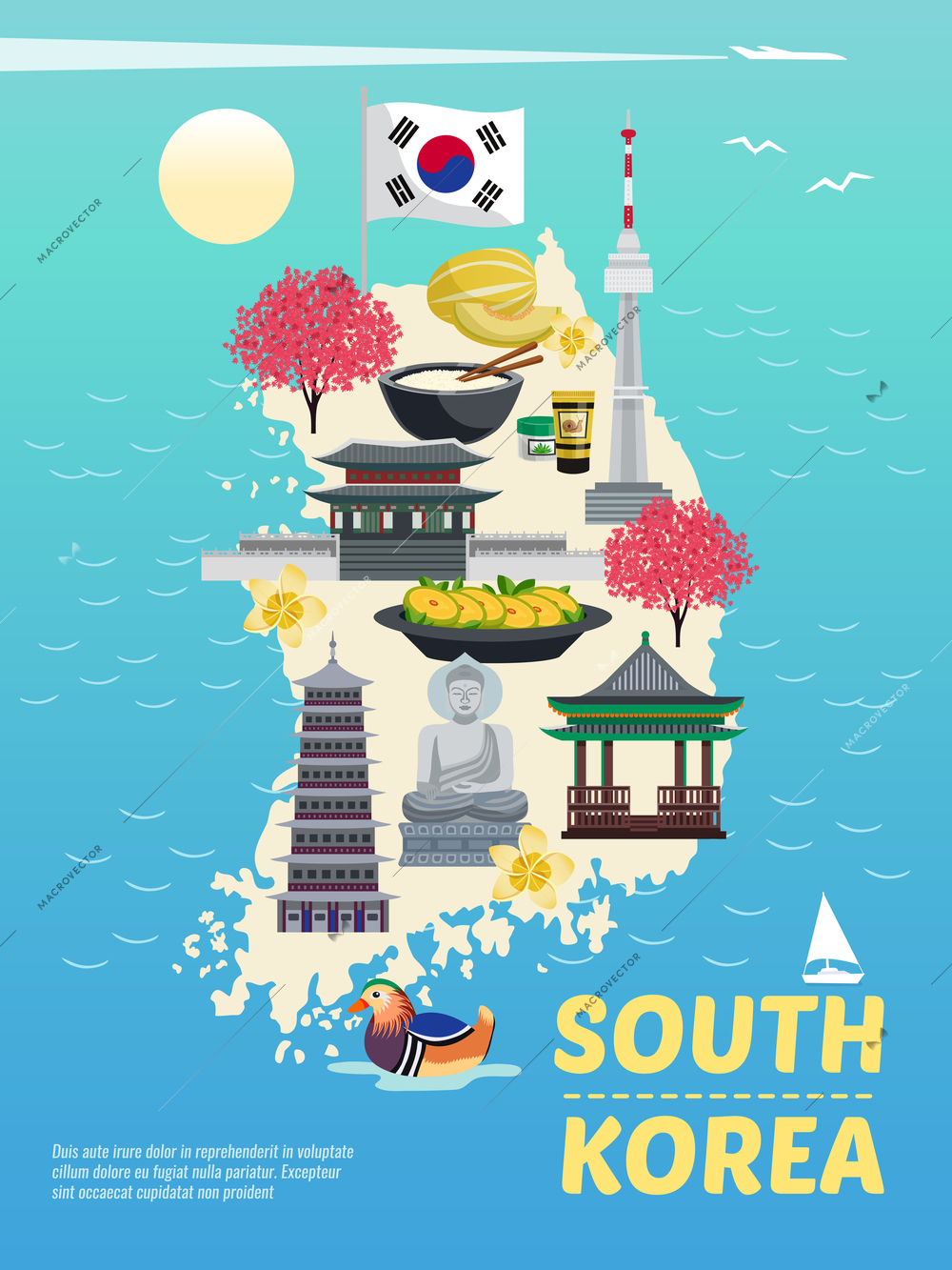 South korea tourism vertical poster composition with doodle images on island silhouette with sea and text vector illustration