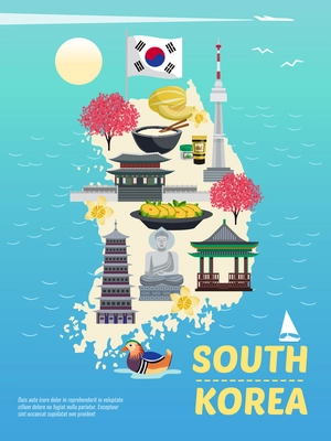 South korea tourism vertical poster composition with doodle images on island silhouette with sea and text vector illustration