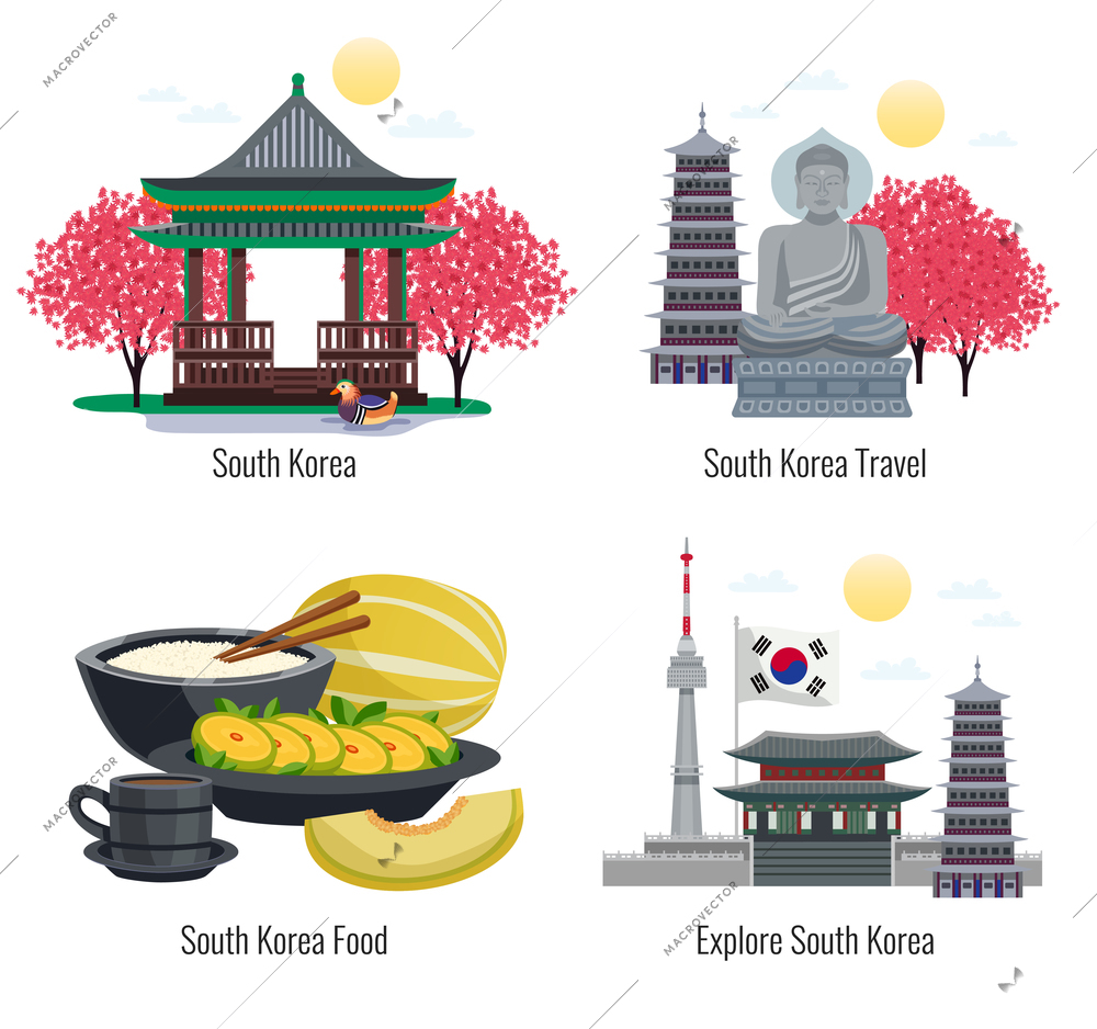 Four south korea tourism compositions with text captions and images of traditional food buildings and memorials vector illustration