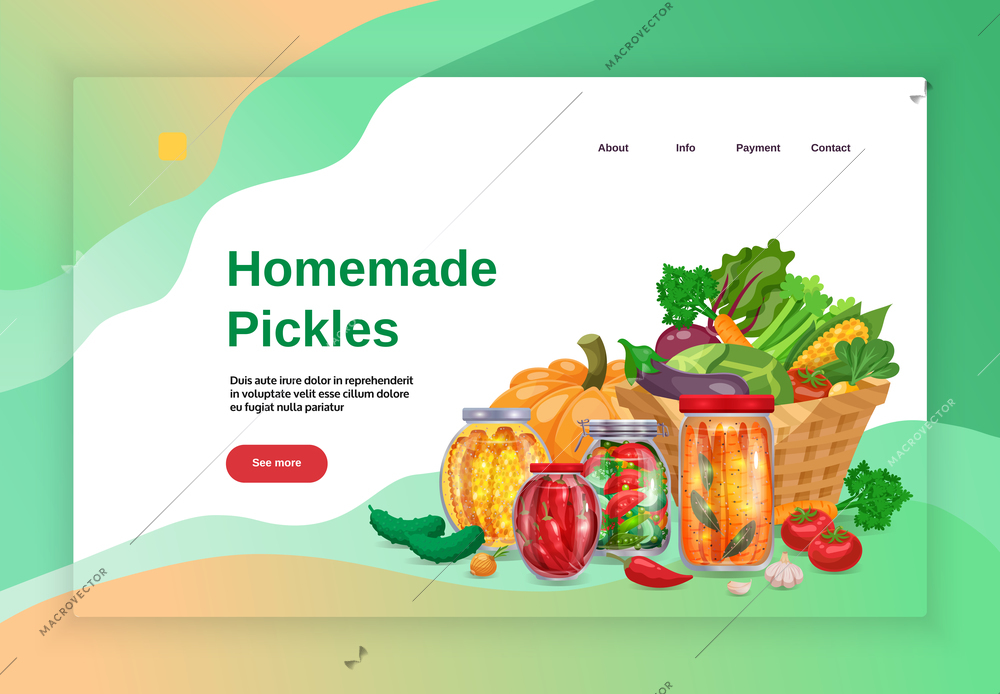 Pickles concept banners website landing page design with images text and clickable links with more button vector illustration