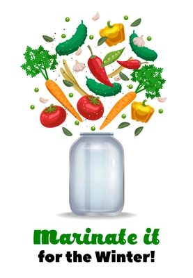 Pickles jar composition with ornate text and images of empty mason jar and ripe vegetable pieces vector illustration