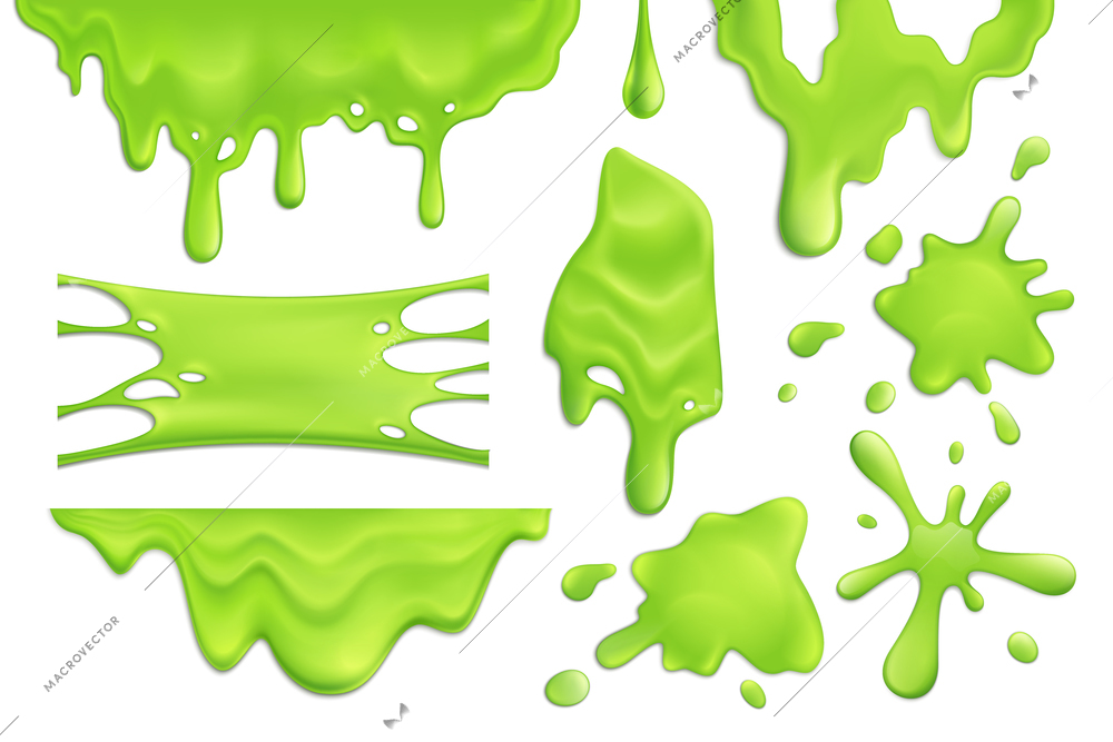 Realistic set of green slime blots and drops isolated on white background vector illustration