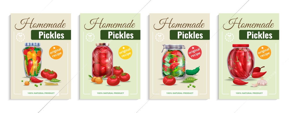 Pickles poster set with four compositions of glass vegetables in transparent mason jars with editable text vector illustration