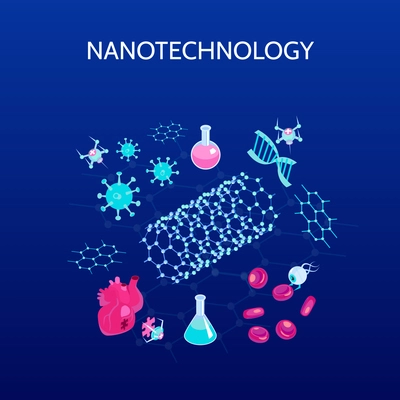 Nanotechnology isometric color background with  science symbols  isolated vector illustration