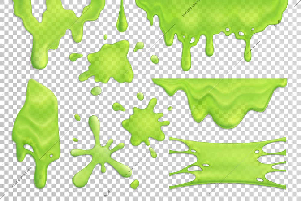Bright green slime drips and blots set isolated on transparent background realistic vector illustration