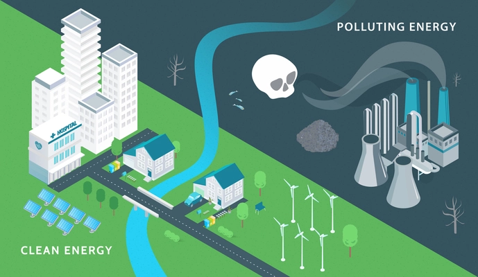 Ecology and pollution isometric background with clean energy symbols isometric vector illustration