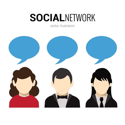 Male and female avatars and speech bubble social network poster vector illustration