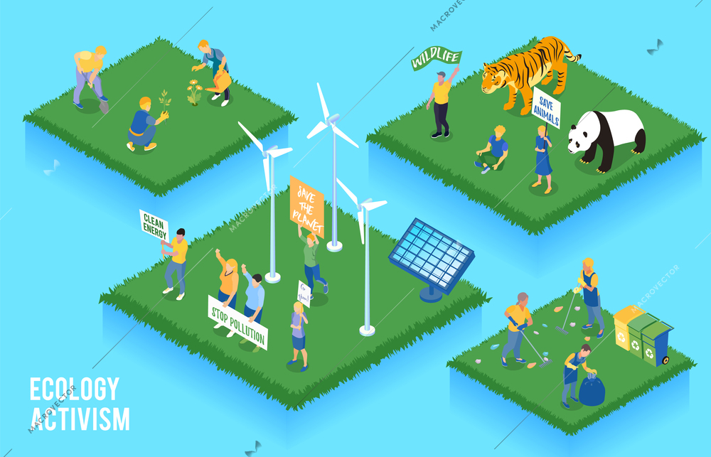 Ecology activism isometric concept with people and nature symbols isolated vector illustration