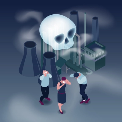 Pollution in city isometric concept with people and smoke isometric vector illustration