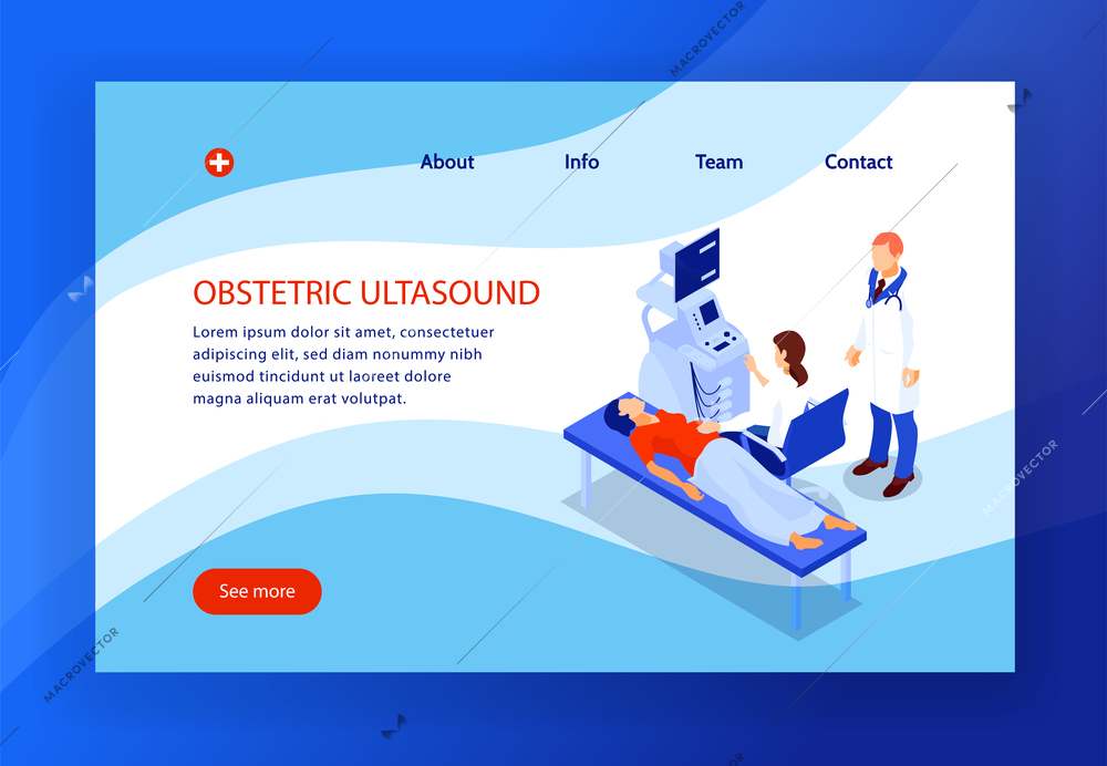 Gynecology and pregnancy page design with obstetric ultrasound symbols isometric vector illustration