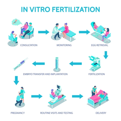 In vitro fertilization poster with consultation and monitoring symbols isometric vector illustration