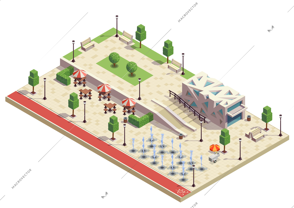 City park infrastructure facilities  isometric composition with dry fountains outdoor cafe furniture modern public building vector illustration