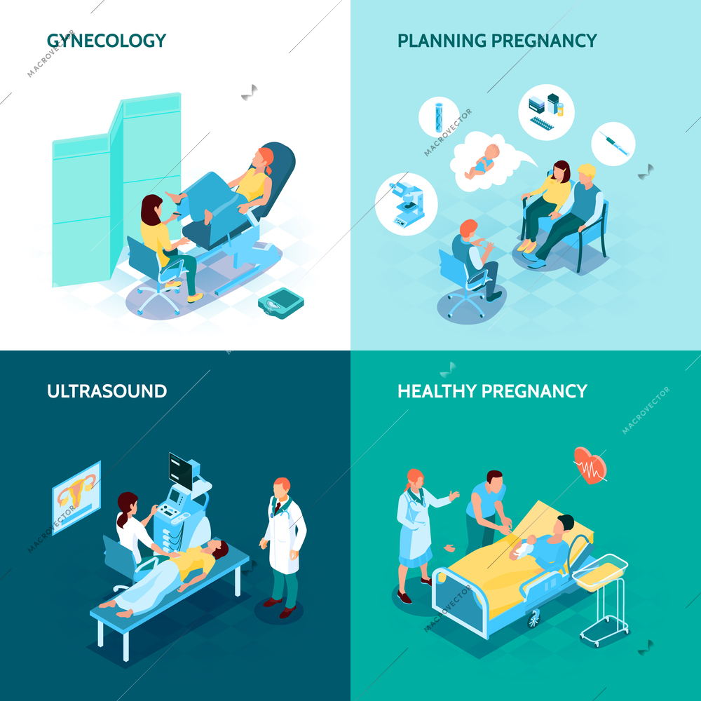 Gynecology and pregnancy concept icons set with planning pregnancy symbols isometric isolated  vector illustration