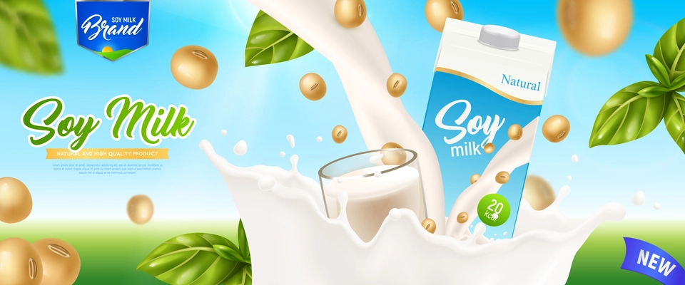 Soy milk realistic colored poster with green leaves beige soybeans and white splashes of poured drink vector illustration