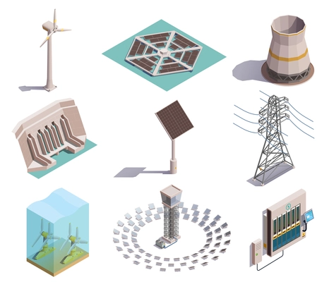 Green energy production isometric icons set with wind tidal power generators solar station hydroelectric plant vector illustration