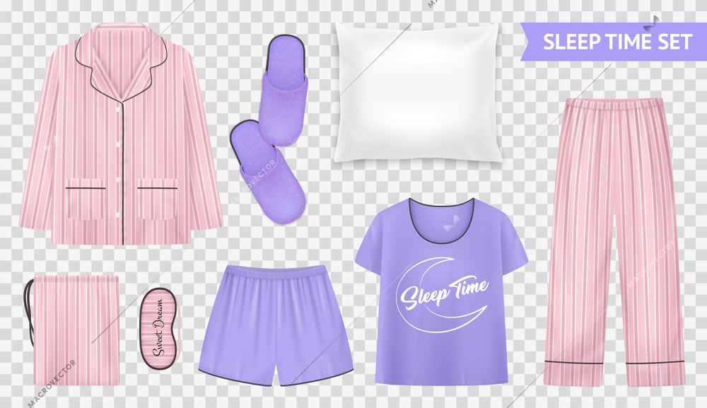 Sleep time transparent set with light and warm pajama styles and accessories for comfortable sleep vector illustration
