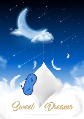 Sleep time in moon night realistic poster with feather pillow and eye patch for sleep at starry sky background vector illustration