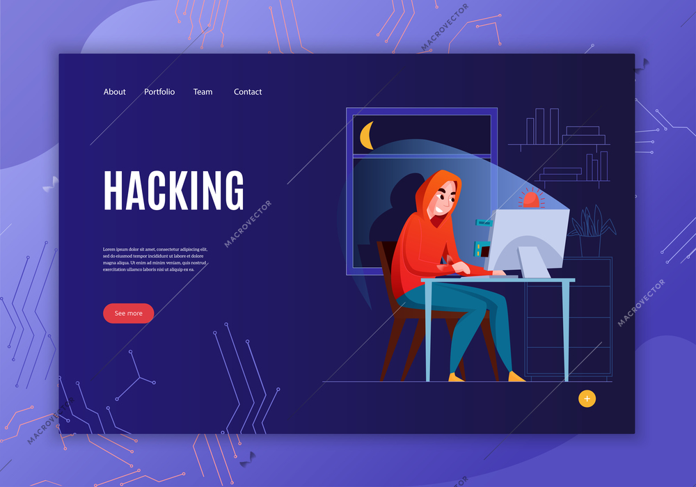 Horizontal hacker concept banner with hacking headline see more button and four link vector illustration