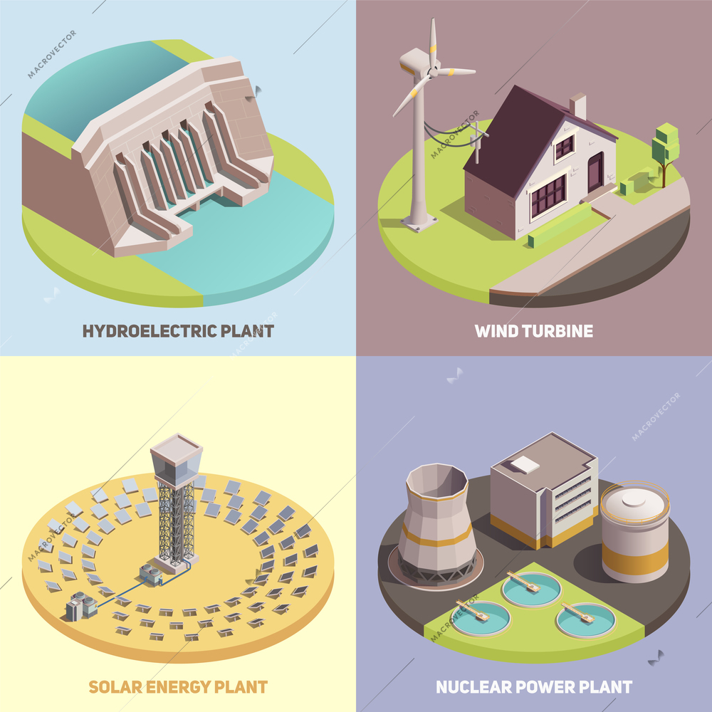 Green energy production concept 4 isometric icons with wind turbine hydroelectric and solar energy plants vector illustration