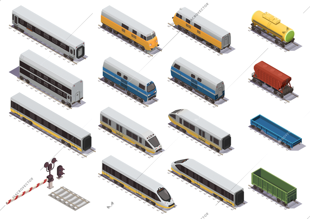 Railway train isometric elements set with electric locomotive open freight wagon and passenger car isometric vector illustration