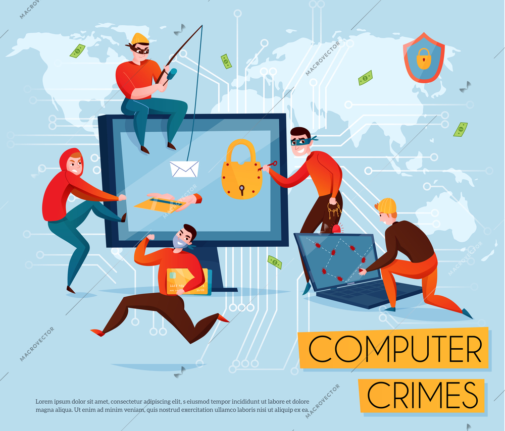 Hacker group composition with computer crimes headline and five scammers steal information vector illustration