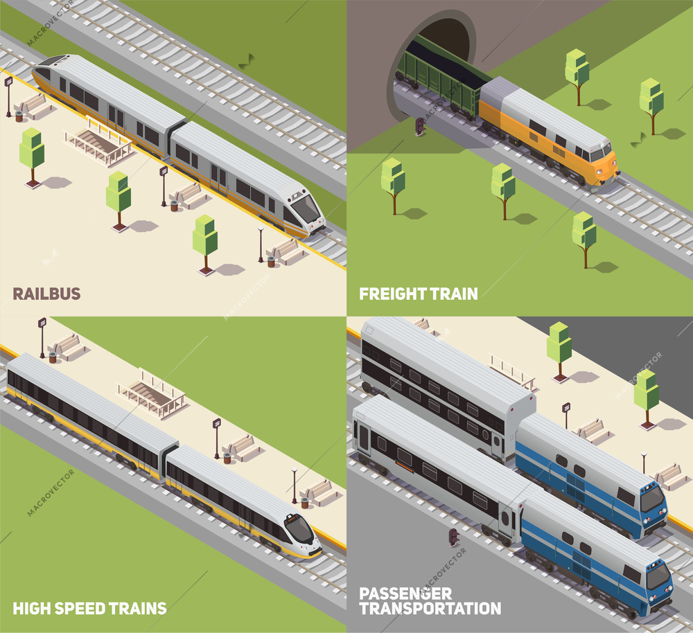 Railbus freight cargo and high speed trains passenger transportation concept 4 isometric icons set isometric vector illustration