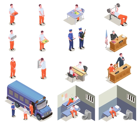 Prison jail isometric elements set with trial sentenced criminals transportation visitation cells gym guards isolated vector illustration