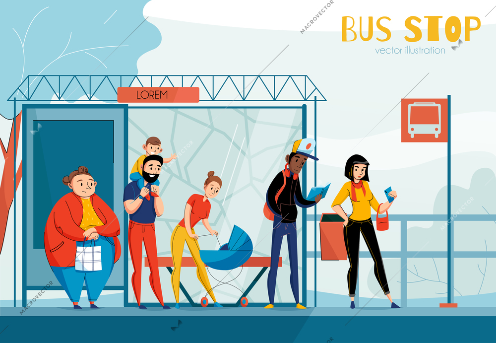 Queue people bus station composition with different status sex and age people vector illustration