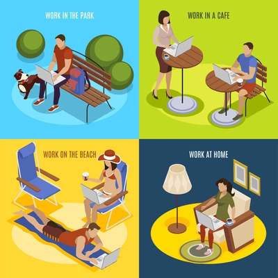 Freelancer usual day 4 isometric icons square with work at home in park on beach vector illustration