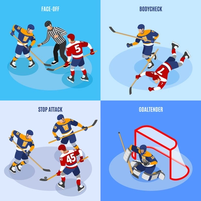 Hockey concept 4 isometric compositions with defense players stopping forward attack face off and goaltender vector illustration