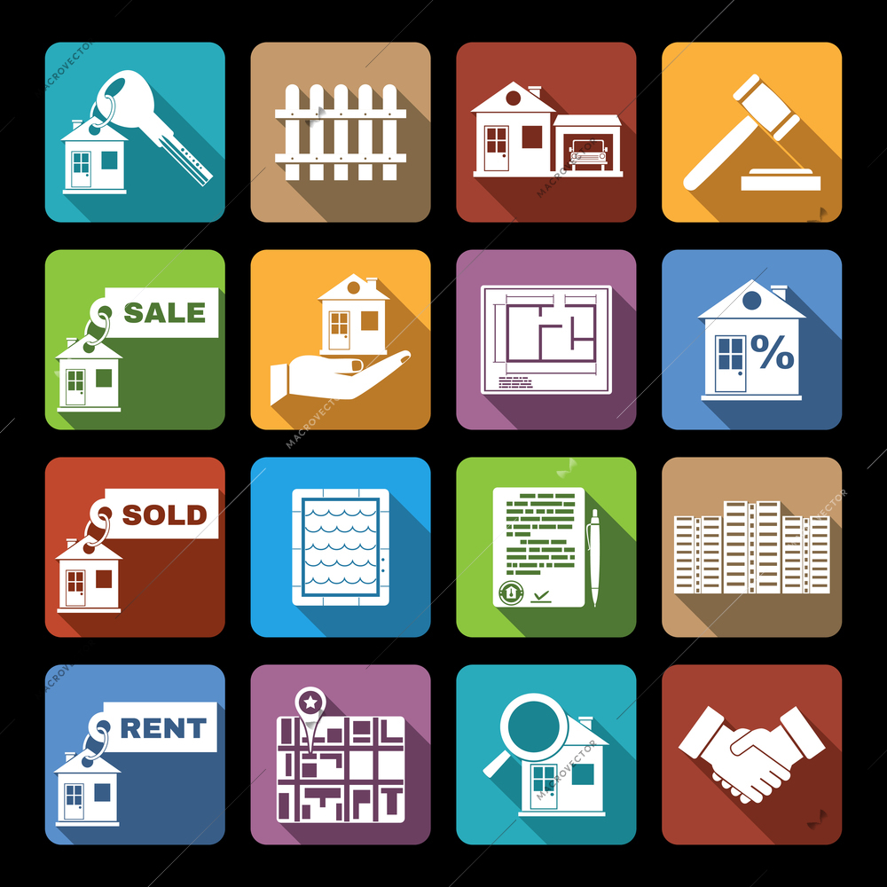 Real estate flat icons set of sale sold rent property apartment isolated vector illustration.