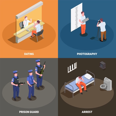 Prison jail concept 4 isometric compositions set with visiting area police photograph guards arrested criminal vector illustration