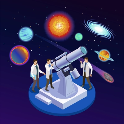 Astrophysics round isometric composition with astronomers observing planets meteorites galaxies with optical telescope starry background vector illustration