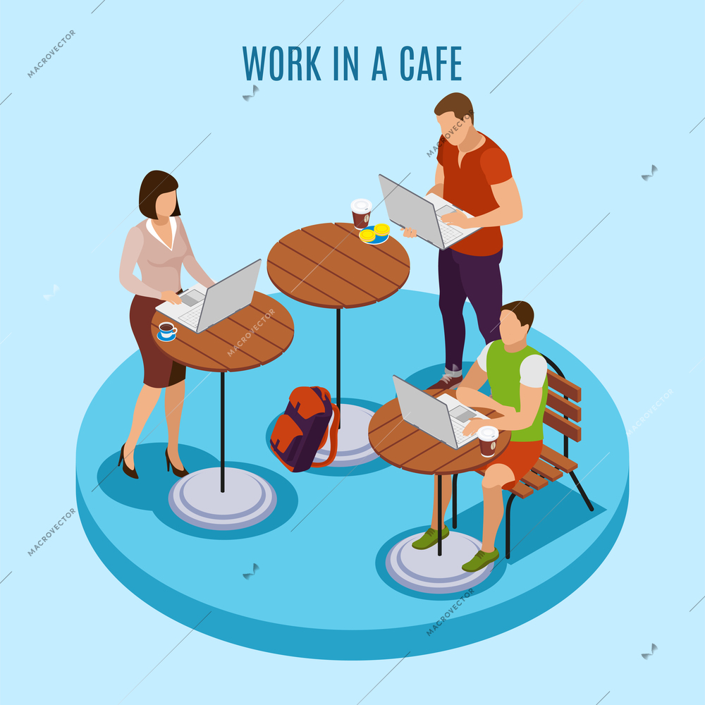 Freelancer usual day isometric composition with working on laptop outdoor at bistro cafe terrace tables vector illustration