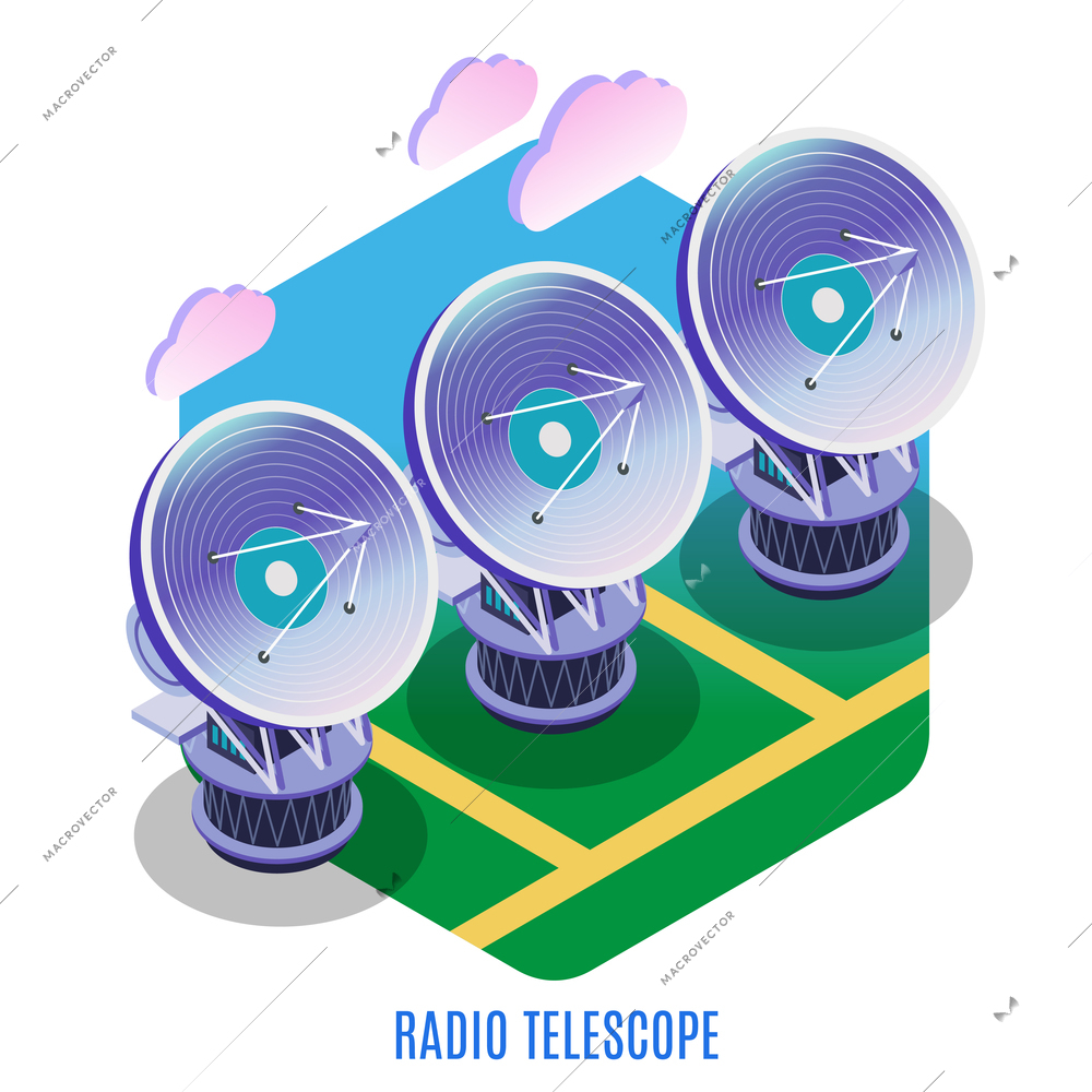 Astrophysics isometric background composition with astronomical interferometer array of separate radio telescopes antennas working together vector illustration