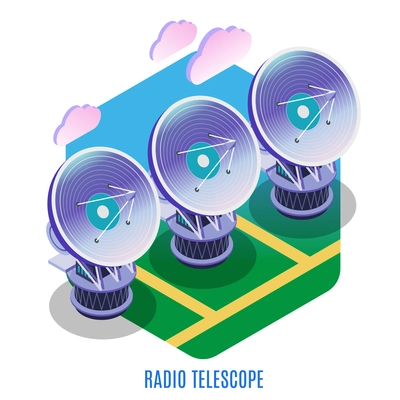 Astrophysics isometric background composition with astronomical interferometer array of separate radio telescopes antennas working together vector illustration