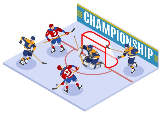 Hockey championship isometric composition with forward slapshot scoring and protecting net goaltender in goal crease  vector illustration