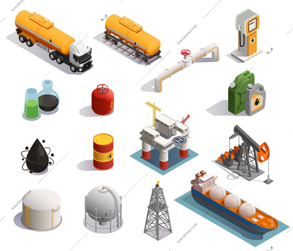 Oil petroleum industry isometric icons set with extraction refinery plant products transportation tanker pipeline isolated vector illustration