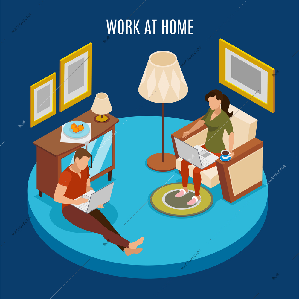 Freelancer day round isometric background composition with couple working at home sitting on floor with laptop vector illustration