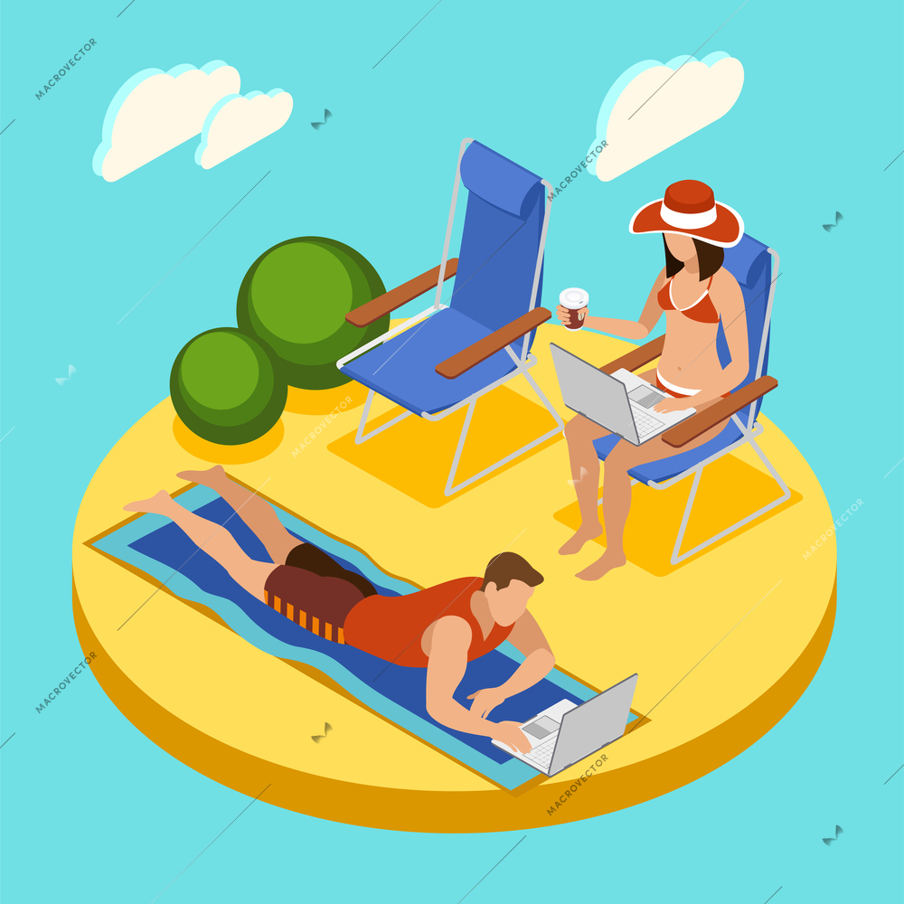 Freelancers day round isometric composition with couple working on laptops relaxing on beach in swimwear vector illustration