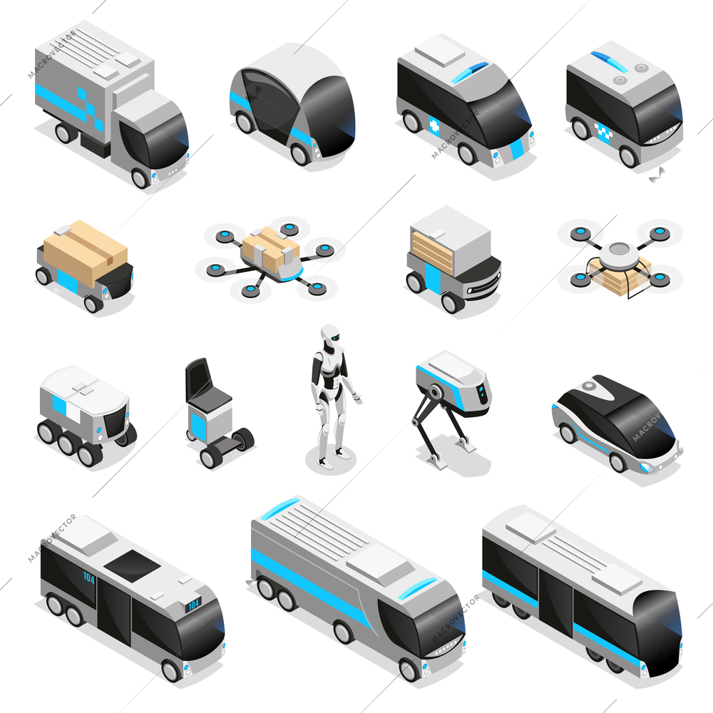 Automated robot delivery isometric icons collection with cute remote controlled humanoid quadruple drone unmanned vehicles vector illustration