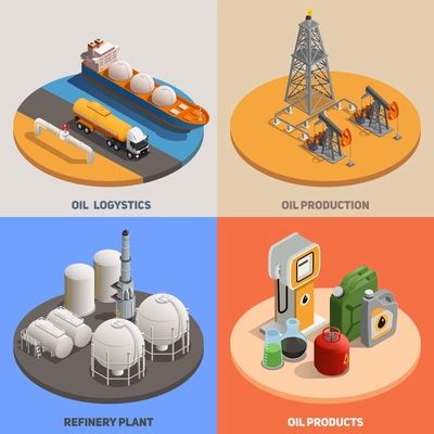 Oil production logistics refinery plant 4 isometric colorful background icons square  petroleum industry concept isolated vector illustration