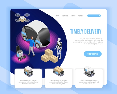 Robot delivery service order options isometric web page design with drone landing humanoid loading goods vector illustration