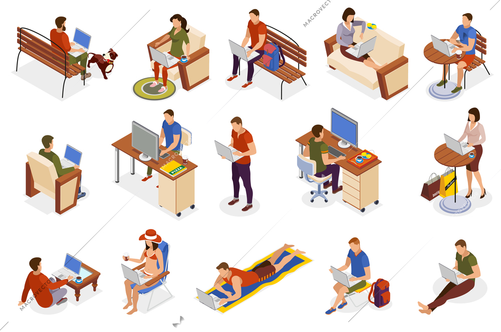 Freelancer typical day isometric icons collection with working home outdoor in park cafe on beach vector illustration