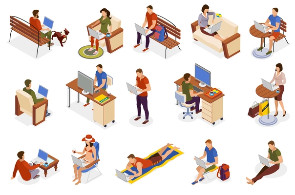 Freelancer typical day isometric icons collection with working home outdoor in park cafe on beach vector illustration