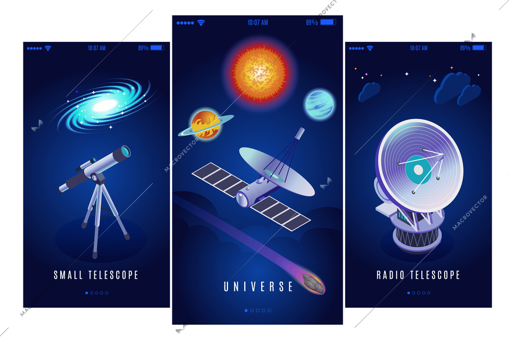 Astrophysics space research science mission 3 vertical isometric banners with radio and small optical telescopes vector illustration