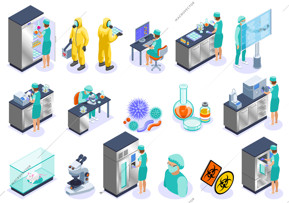 Microbiology isolated isometric icon set with science employers microscope laboratory and biochemistry vector illustration