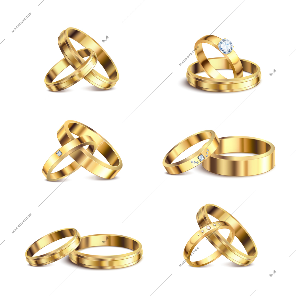 Gold wedding rings couple series 6 realistic isolated sets noble metal jewelry against white background vector illustration