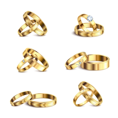 Gold wedding rings couple series 6 realistic isolated sets noble metal jewelry against white background vector illustration