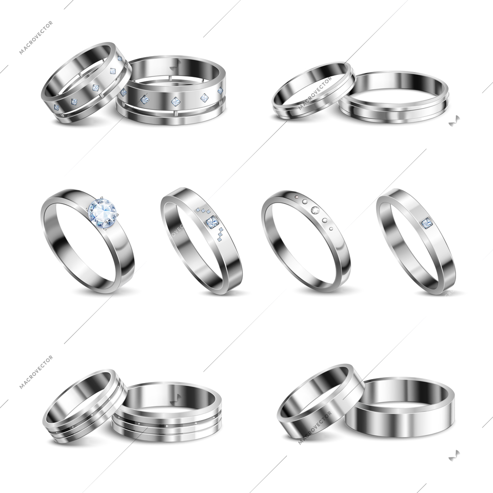 White gold platina noble metals wedding rings 6 realistic isolated sets jewelry shadow neutral background vector illustration